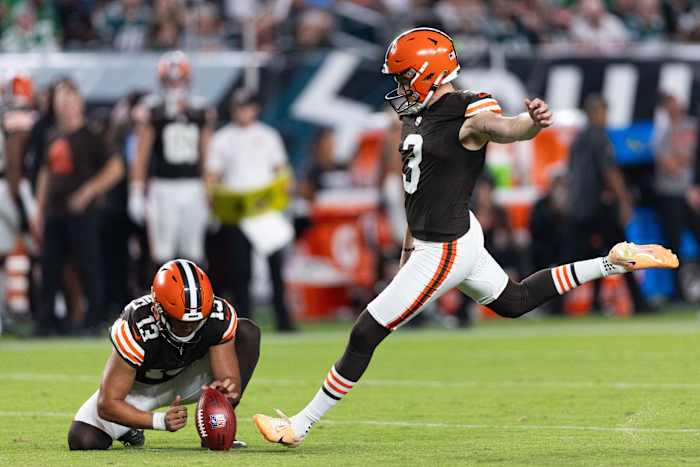 Aug 17, 2023; Philadelphia, Pennsylvania, USA; Cleveland Browns punter Corey Bojorquez (13) holds the ball as place kicker Cade York (3) kicks a field goal during the second quarter against the Philadelphia Eagles at Lincoln Financial Field.